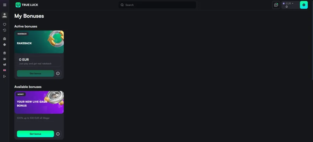 TrueLuck casino bonus dashboard