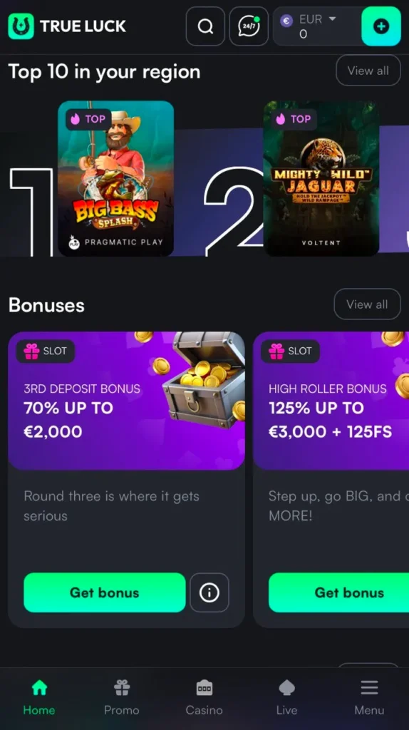 TrueLuck mobile interface